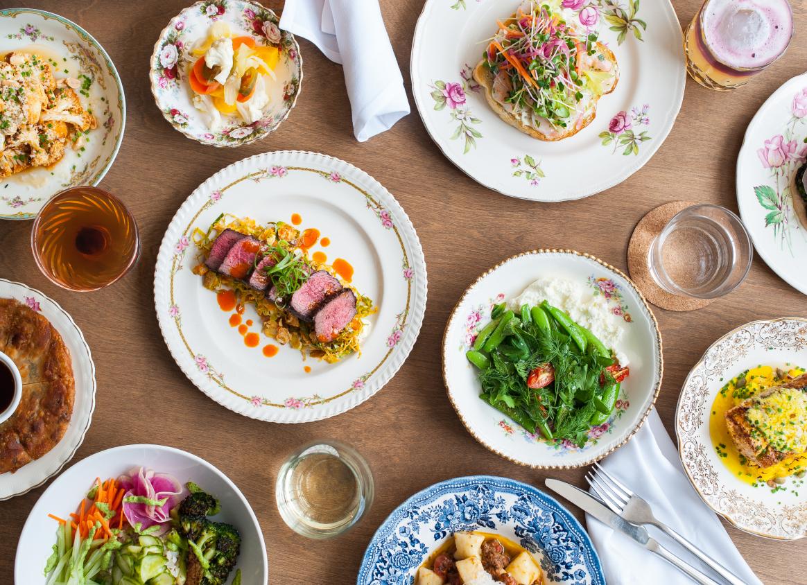 Top down view of a spread of food on a table