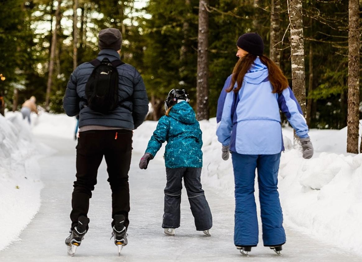 A family skating down an icy path through the forest.