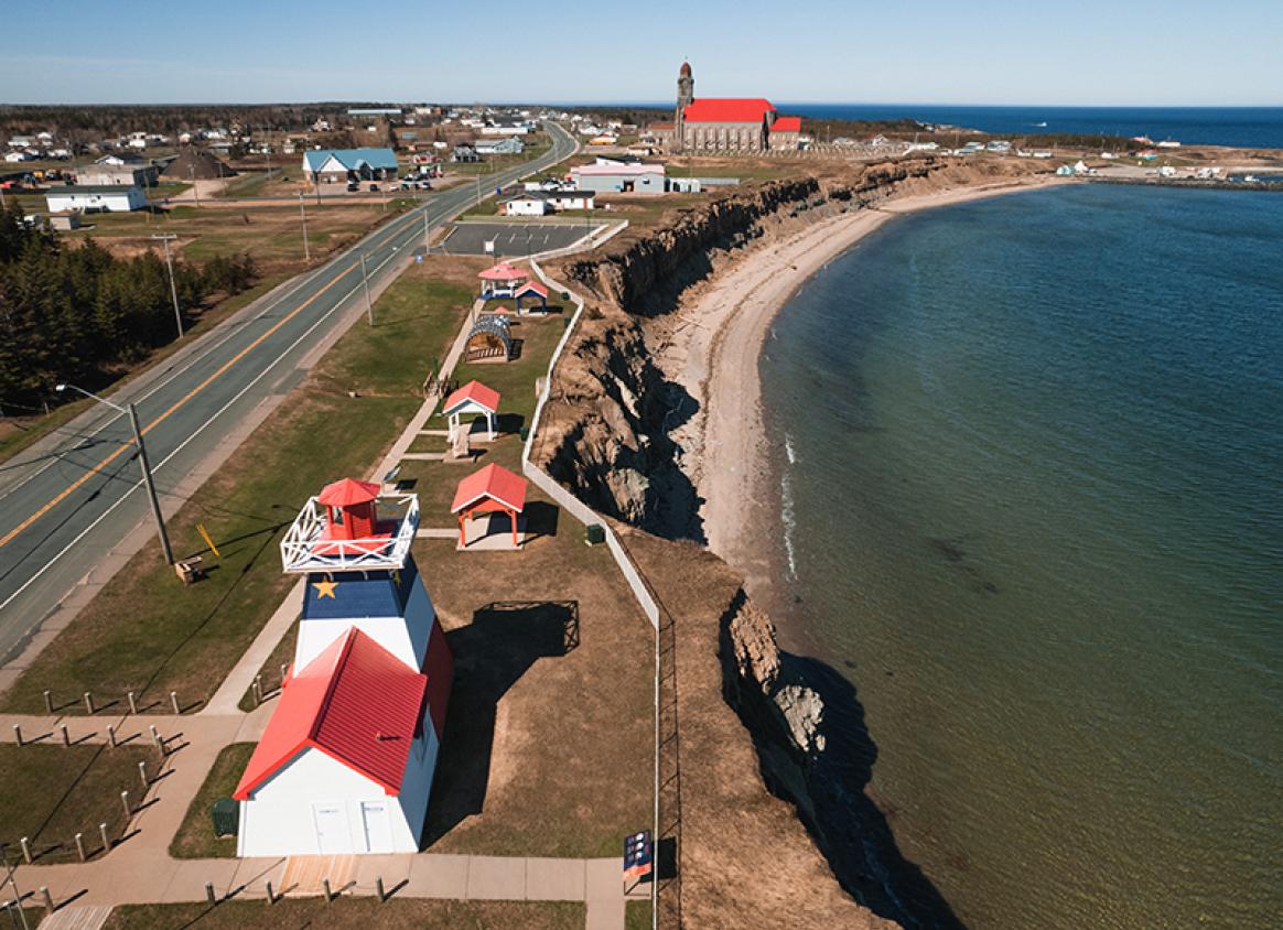 An aerial view of the coastline along a road in Caraquet.